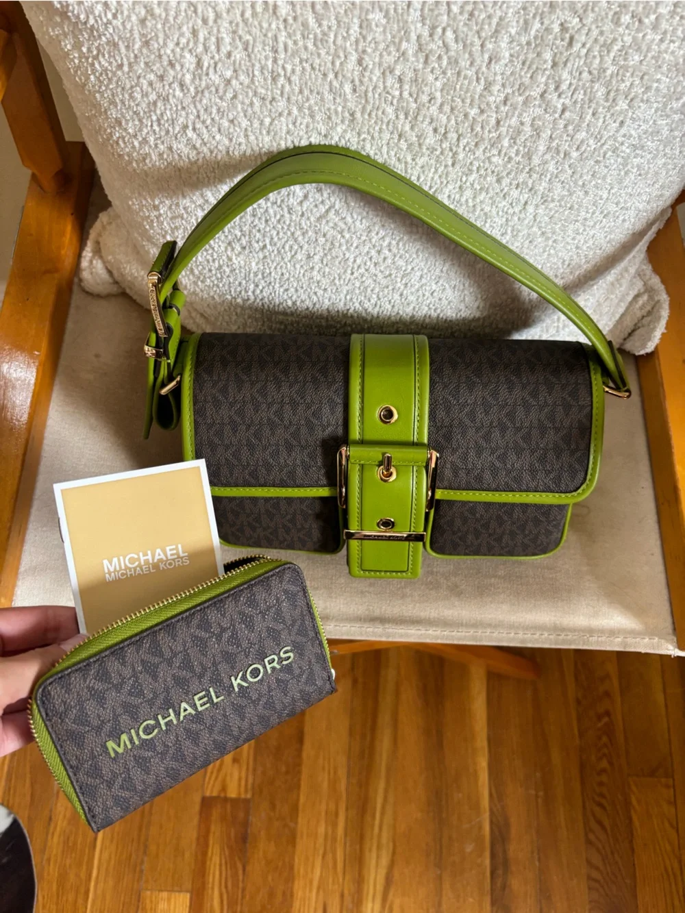 Michael Kors Brown Signature Mini Bag with Lime Green Trim & Matching Wallet